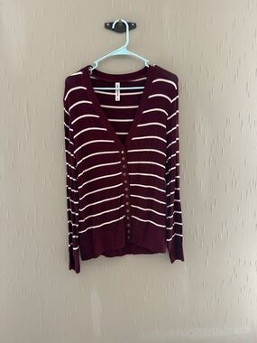 Zenana Outfitters Burgundy and White Striped V-Neck Button Cardigan Sweater